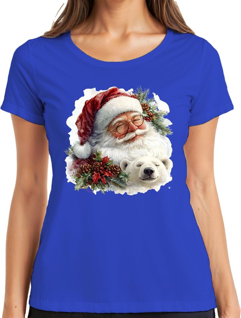 Weihnachtsmann Eisbär Tannenzapfen Stechpalme Weihnachten Vintage Damen T-Shirt, Blau, L