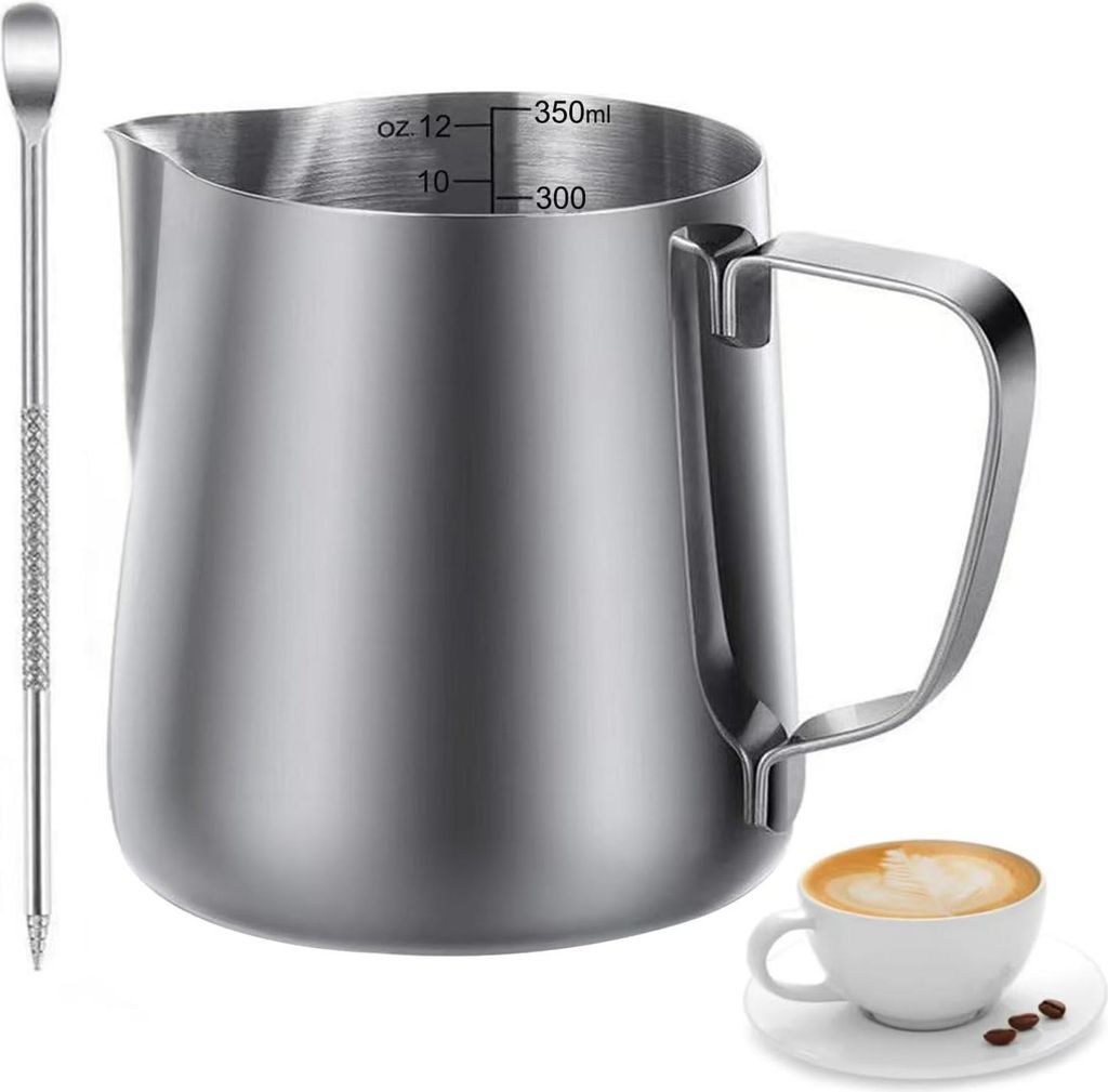 350ml Milchaufschäumkrug Latte Tasse,304 Edelstahl Handheld Aufschäumkännchen,mit Messung Mark und Latte Art Pen,für Espresso, Milchaufschäumer