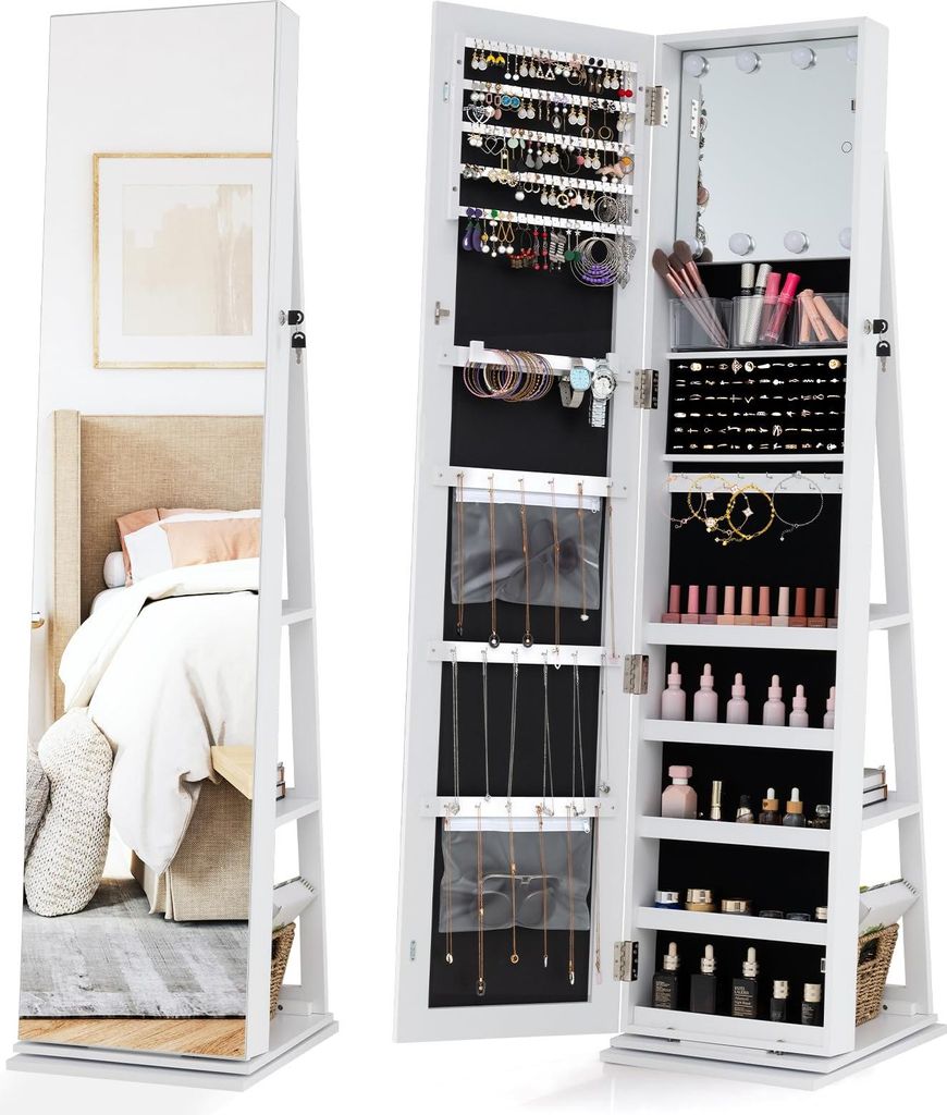 GOPLUS Schmuckschrank 360° drehbar, Spiegelschrank mit Ganzkörperspiegel & hinteren Regalen, Schmuckorganizer mit Stauraum & LED-Spiegel