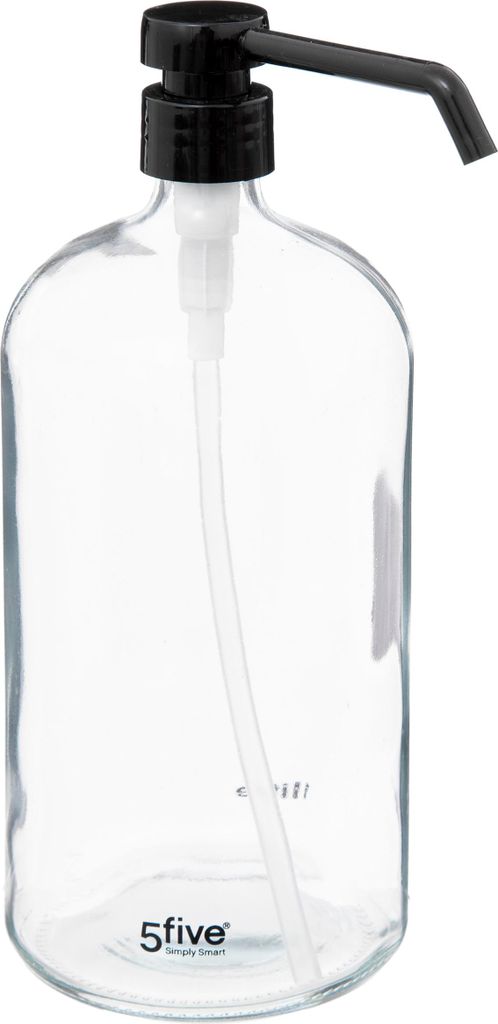 A clear glass soap dispenser with a black pump mechanism.
