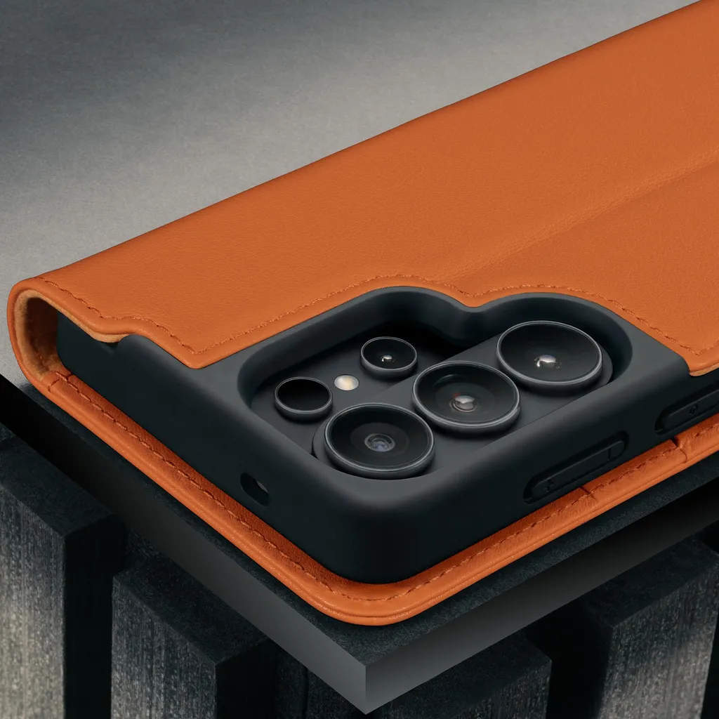 Étui support Galaxy S26 Ultra en cuir véritable orange finition artisanale