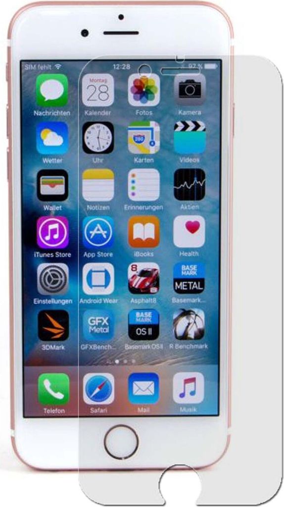 A rose gold iPhone with a screen protector partially covering the screen, displaying various app icons.