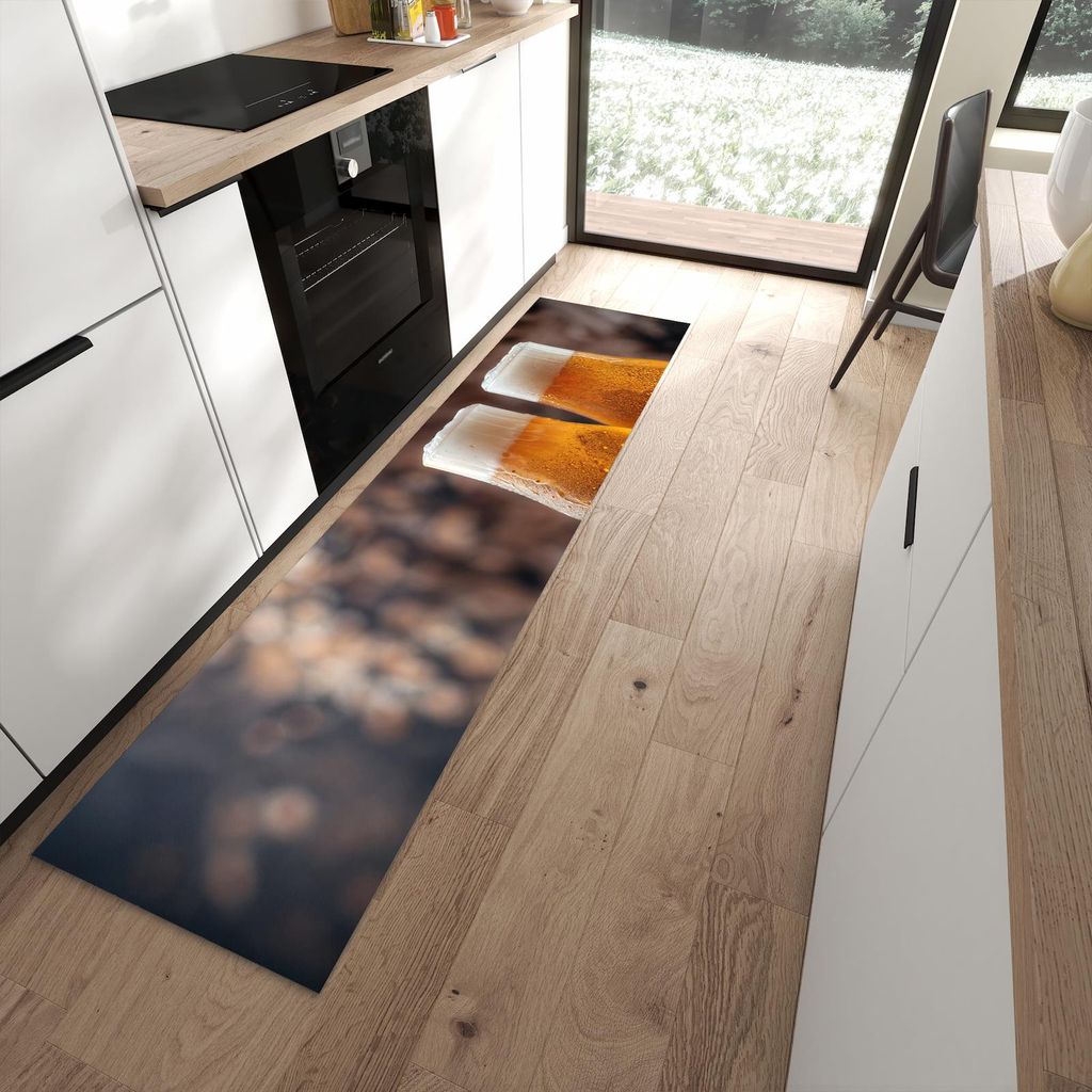 Küchenteppich 60x240cm rutschfest & abwischbar PVC Läufer - Bier auf Holz