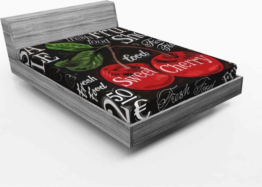 ABAKUHAUS Obst Spannbetttuch, Reifer Kirschskizzen-Art-Stamm und Blatt-Frucht-Shop-Zeichen-Design auf dunklem Hintergrund, 160 x 200 cm, Mehrfarbig