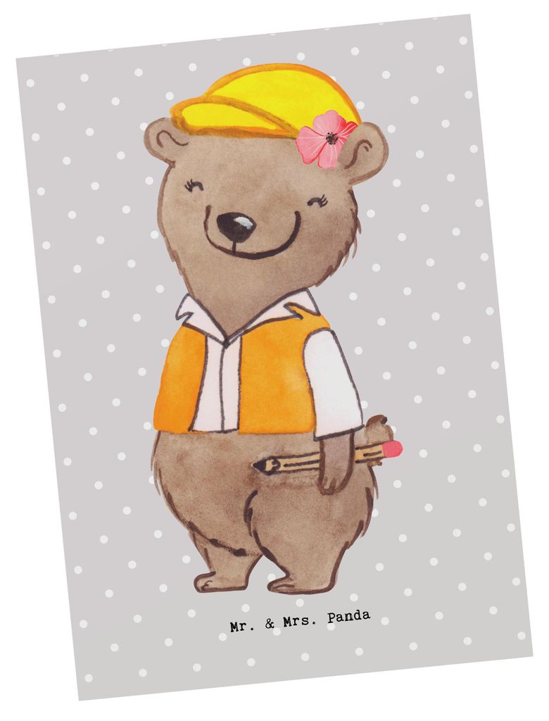 Mr. & Mrs. Panda Postkarte Bauingenieurin Herz - Grau Pastell - Geschenk, Studium, bildkarte, Grußkarte, Fotokarte, Ansichtskarten, Baustelle, Pos...