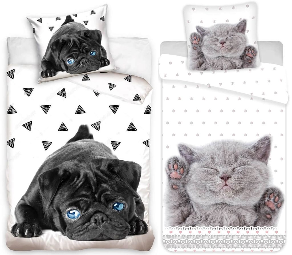 Tier-welpen - 2 x Bettwäsche-Set, Katze und Hund, 135x200 & 80x80