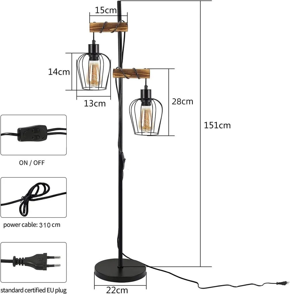 Lampadaire Bois Noir 2 Lampes E27 - Solution Éclairage Rétro pour Grand Salon - 4