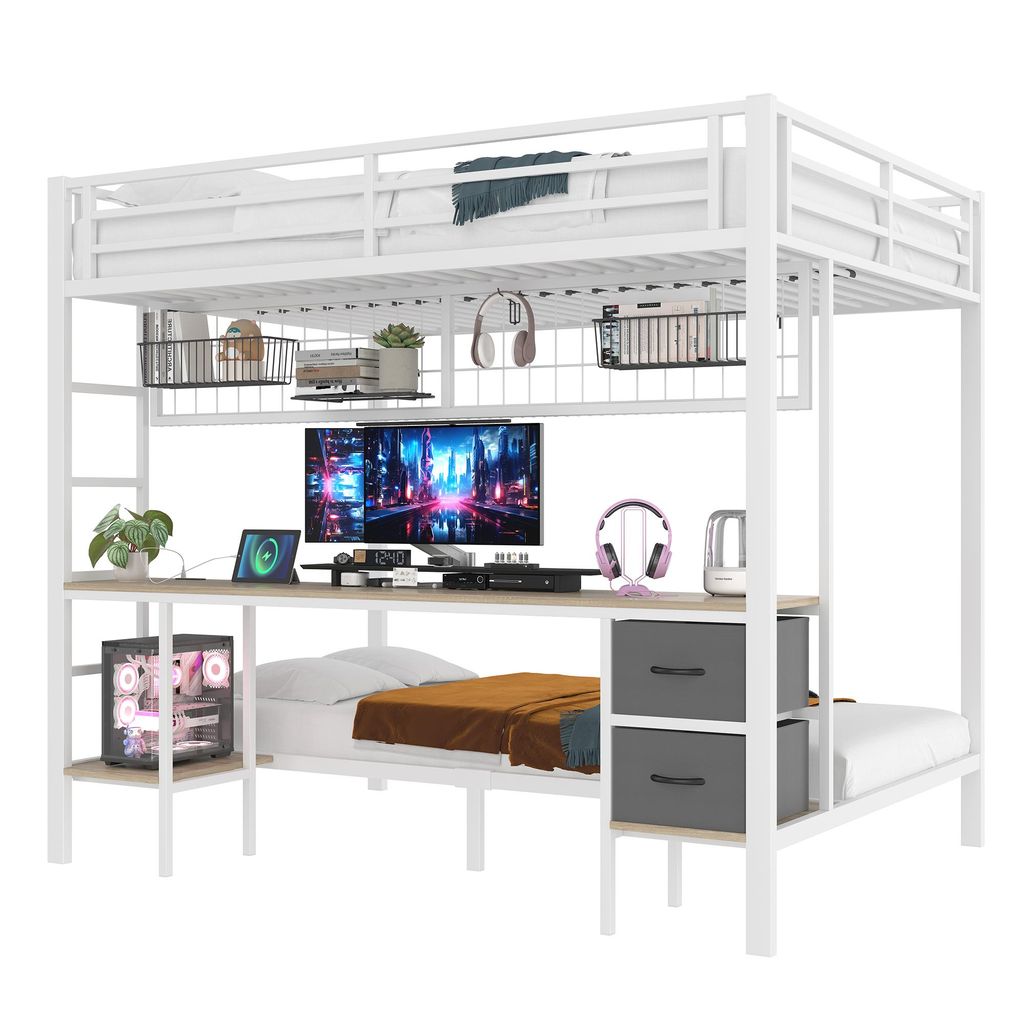 Etagenbett mit Schreibtisch und LED-Beleuchtung (90x200cm/140x200cm), Metallbett mit Rausfallschutz, Jugendbett