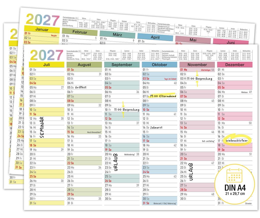 Tafelkalender 2027 Bunt DIN A4 3er Set Halbjahreskalender Produktbild 