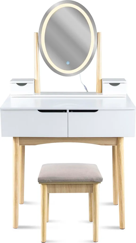 JUMI Coiffeuse Blanche avec Miroir LED SCANDI et Tabouret Style Loft