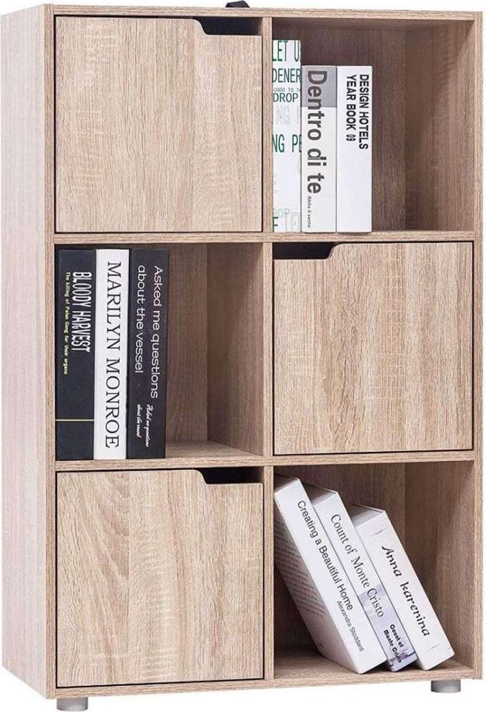 Happyment Bücherregal Jita – Industrial – 6 Fächer – Eiche – 3 Türen – Bücherregal – Wohnzimmer, Schlafzimmer und Kinderzimmer – ...