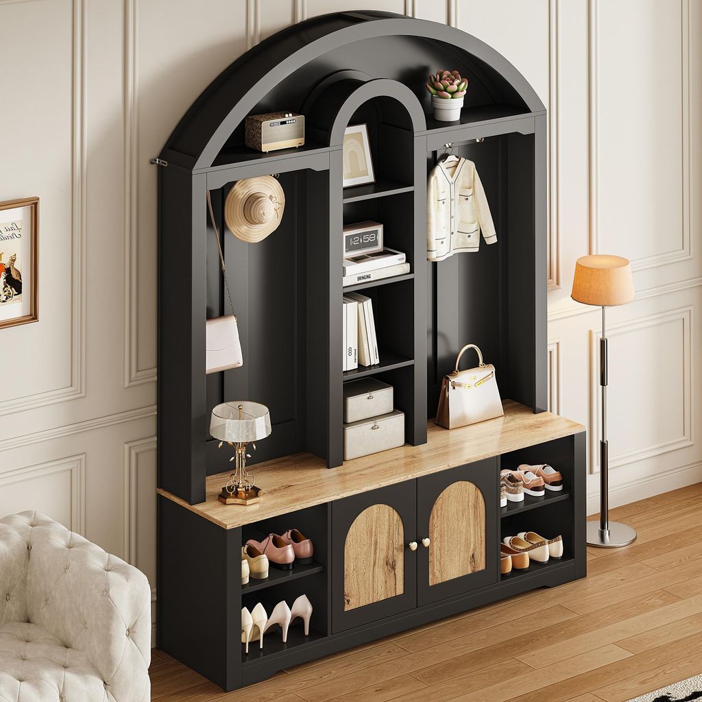 okwish Multifunktionaler Kleiderschrank Flurschrank mit Schuhregal und drei offenen Regalböden,Garderobenschrank mit Metallhaken und USB-LED-Licht...