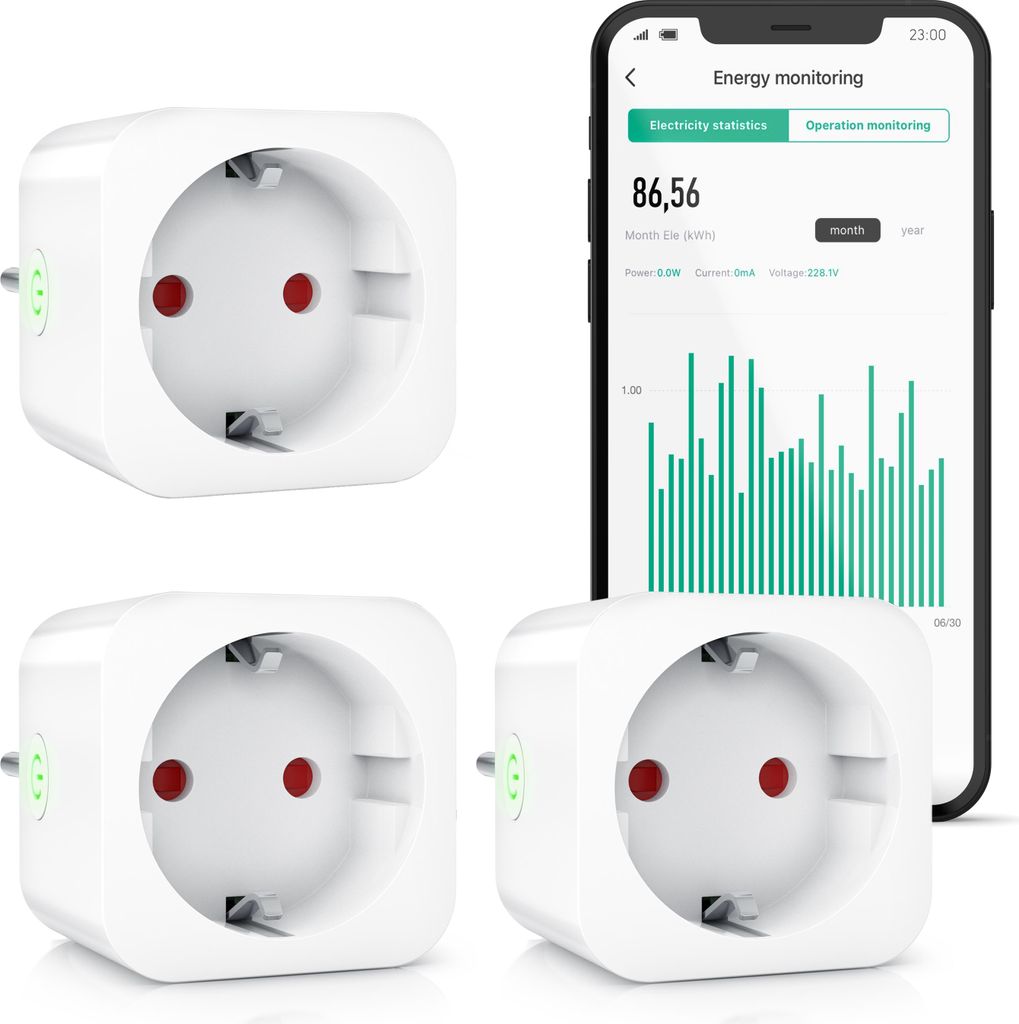 BEARWARE WLAN-Steckdose mit Strommessung, 2,4Ghz WiFi Fernsteuerung per App, Sprachsteuerung, 3er Set, Zeitschaltuhr, Energiekostenmessgerät, Smar...