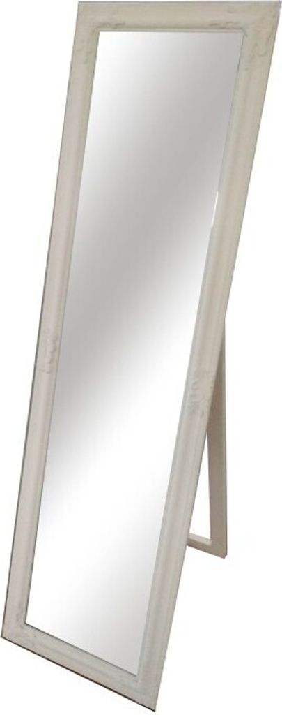 A full-length mirror with a light-colored frame and a stand is shown against a white background.