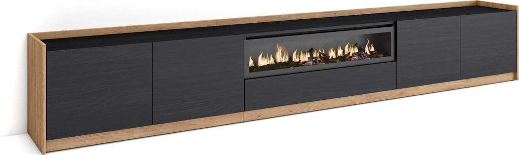TV-Schrank, Lowboard, 310x37x50cm, Für TV-Geräte bis zu 80", Elektrokamin., Schwarz Eiche