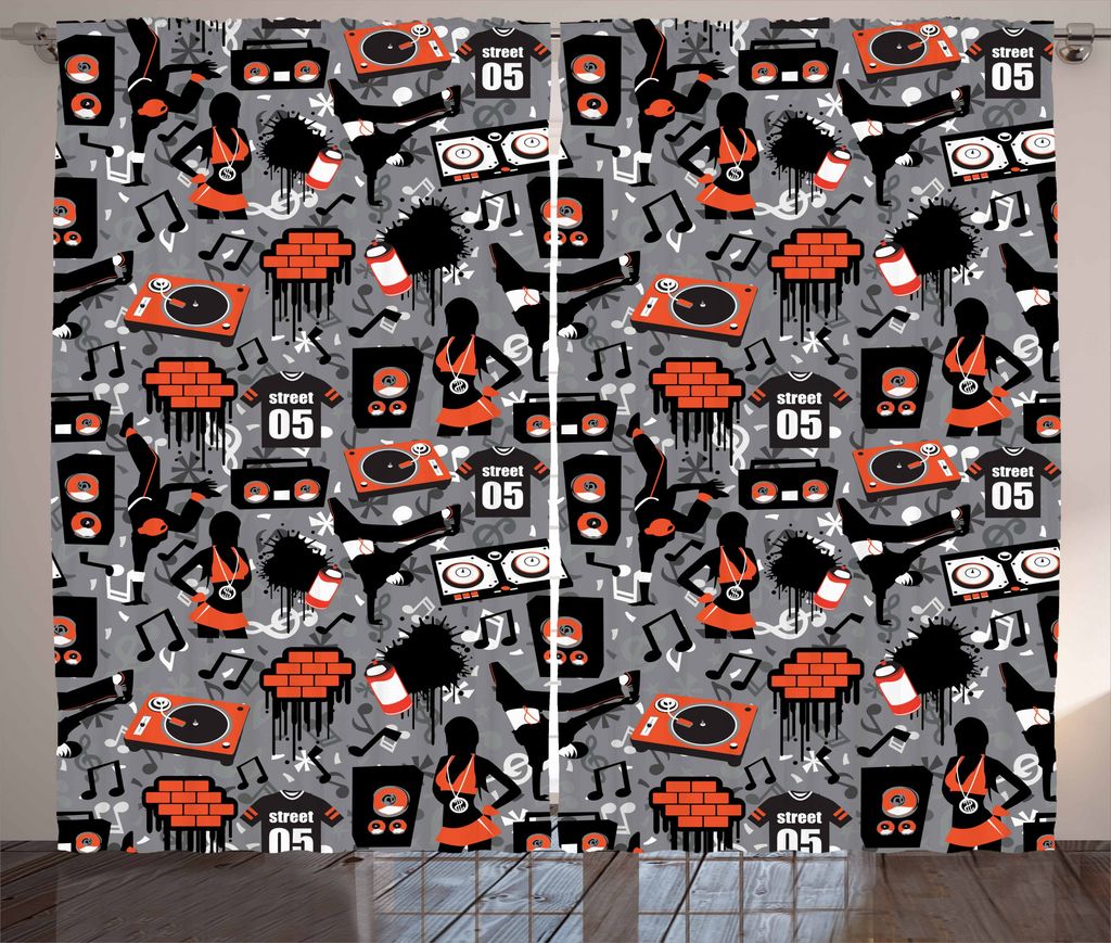 ABAKUHAUS HipHop Rustikaler Gardine, U-Bahn-Street Art, Schlafzimmer Kräuselband Vorhang mit Schlaufen und Haken, 280 x 175 cm, Mehrfarbig