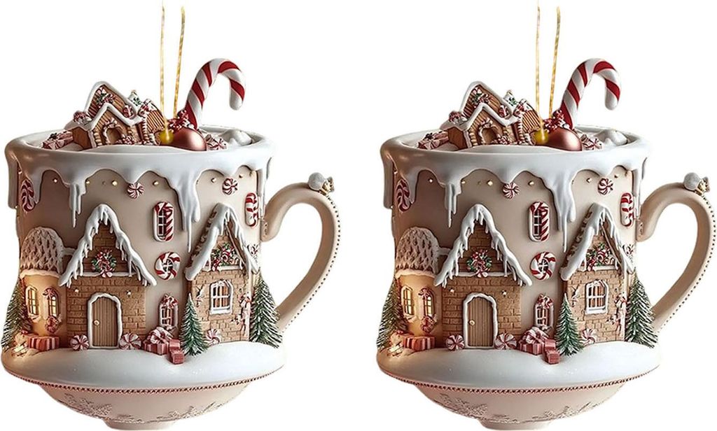 Stück Kaffeetassen-Weihnachtsbaumschmuck, 2D-Acryl-Winterdorf-Schneehaus-Form, heiße Schokoladentassen-Anhänger für die Weihnachtsdekoration