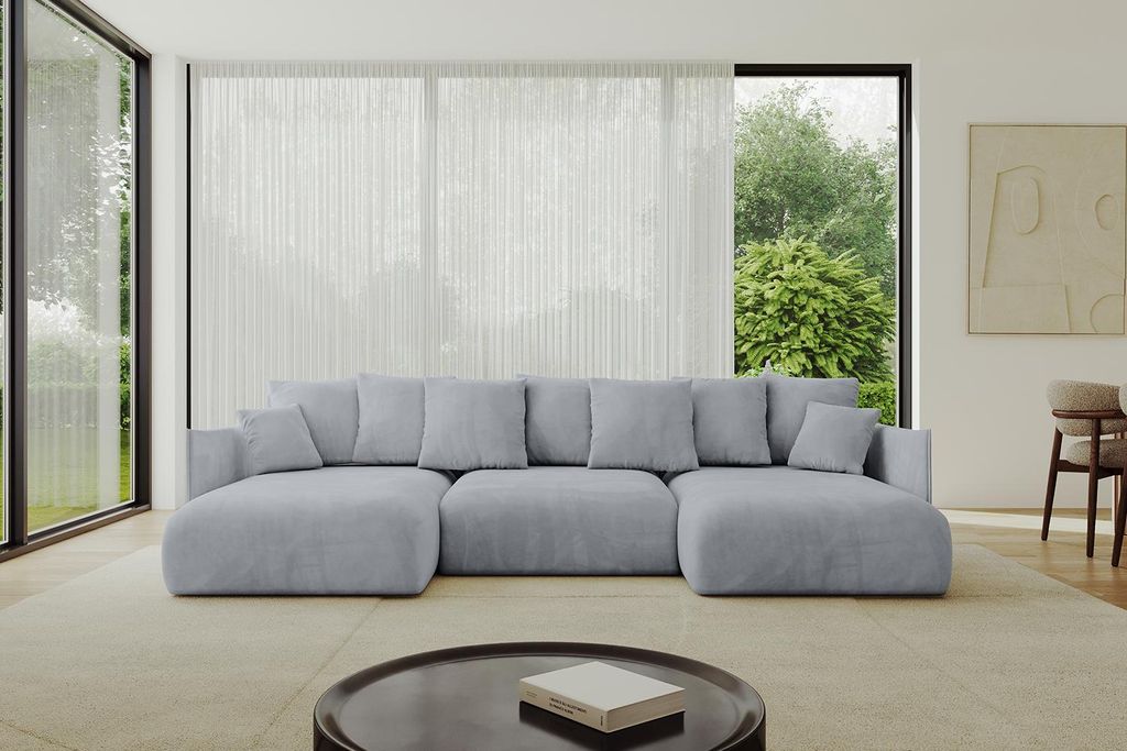 ALTDECOR Ecksofa in U-Form mit Schlaffunktion und Bettkasten - ONESK-U 317x177x72 cm Hellgrau - Corner Sofa Bett Eckcouch Couch U-Form Schlafcouch ...