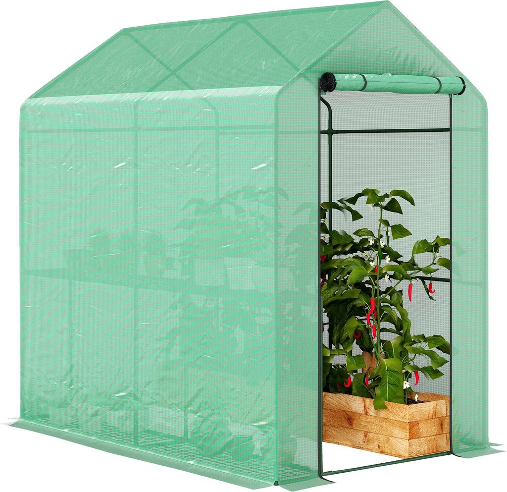 PE-Gewächshaus mit 2-stöckigem Regalsystem, verstärkter 140 g/m²-Abdeckung, Stahlrahmen, 186 x 120 x 190 cm, Grün