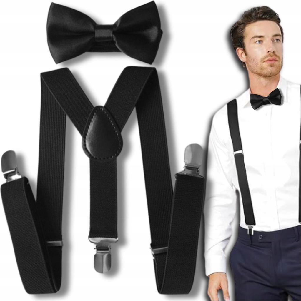 A man wearing a white shirt, black bow tie, and black suspenders, with a separate set of black suspenders and a black bow tie displayed next to him.