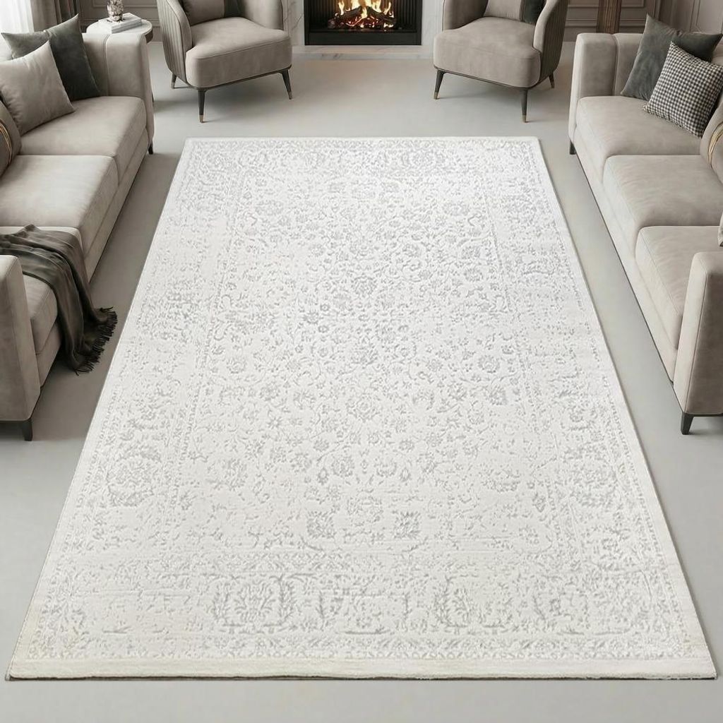 Teppich Creme Ornament Muster Vintage Optik Wohnzimmer Produktbild 