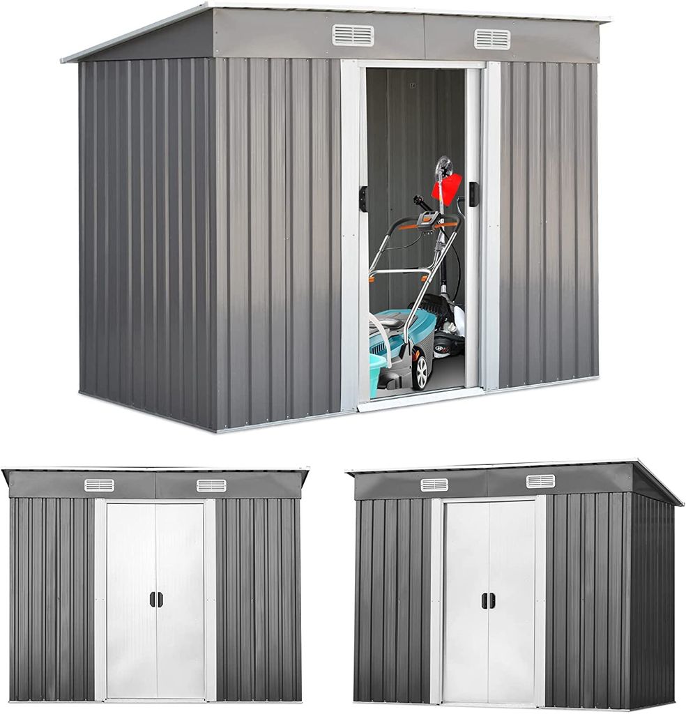 Geraetehaus aus Metall, Wasserfestes Gartenhaus mit Pultdach, Geraeteschuppen mit 2 Schiebetüren & 4 Lüftungsoeffnungen, 238 x 131 x 181 cm, Gart...