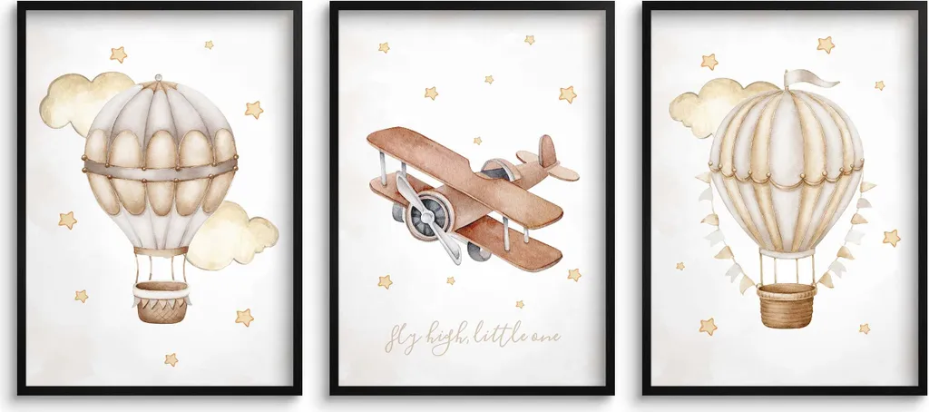 Set Poster Cameretta Bambini 50x70 Beige Aeroplano e Mongolfiera