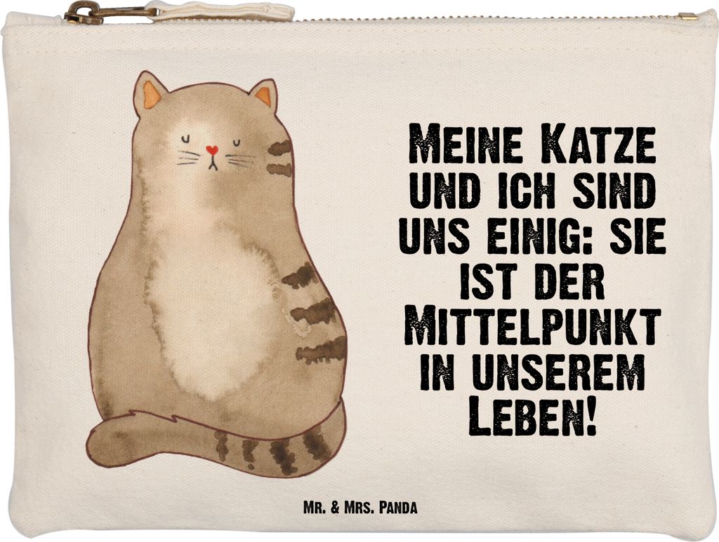 Mr. & Mrs. Panda kosmetiktäschchen Katze Sitzen Größe M - Weiß - Geschenk, Cats, Pouch, Mäppchen, Cat, Federmappe, Katzen, Schlampermäppchen,...