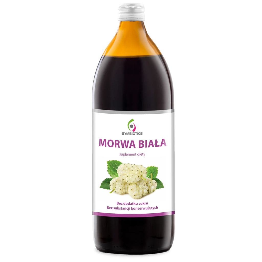 A bottle of white mulberry juice with a label showing white mulberries and text.