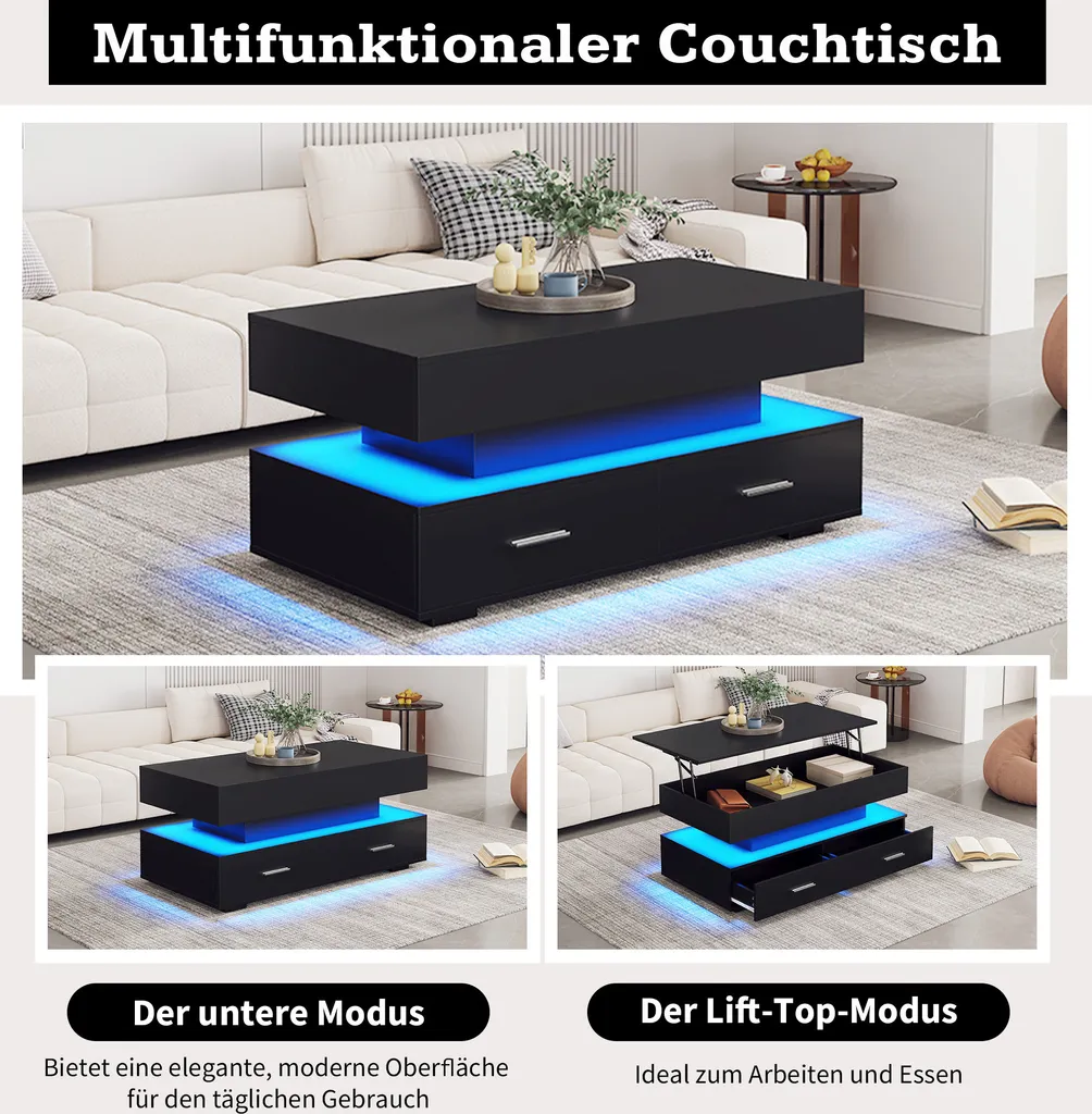 Table Basse Noire pour Gagner de l'Espace avec LED Pilotable par Appli