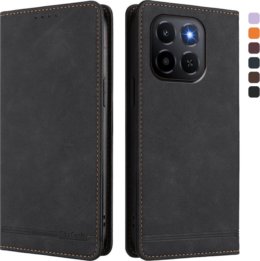 Hülle für Honor X6C, Retro Kunstleder Ständer Klapphülle mit Kartenfächer und Magnetische Schwarz