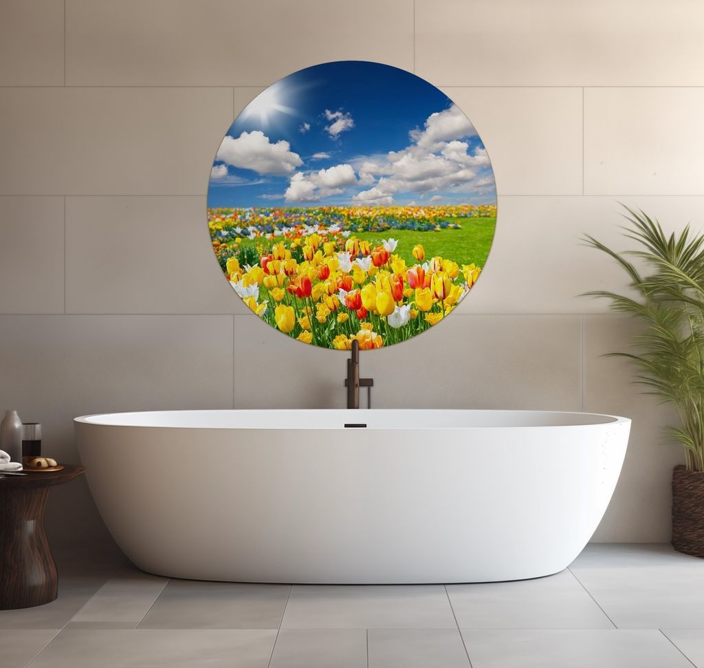 Wallario wasserfestes Poster selbstklebend 90 x 90 cm, Tulpenwiese unter blauem Himmel, Badezimmerposter Spritzschutz mit Hochglanzoberfläche in G...