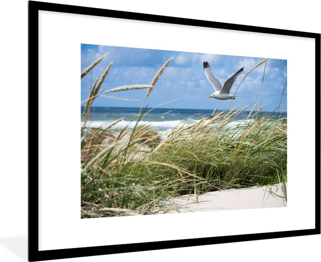 MuchoWow MuchoWow Gerahmtes Poster Strand - Vogel - Pflanzen 90x60 cm - Poster mit zchwarzem Bilderrahmen - Wanddekoration - Fotos