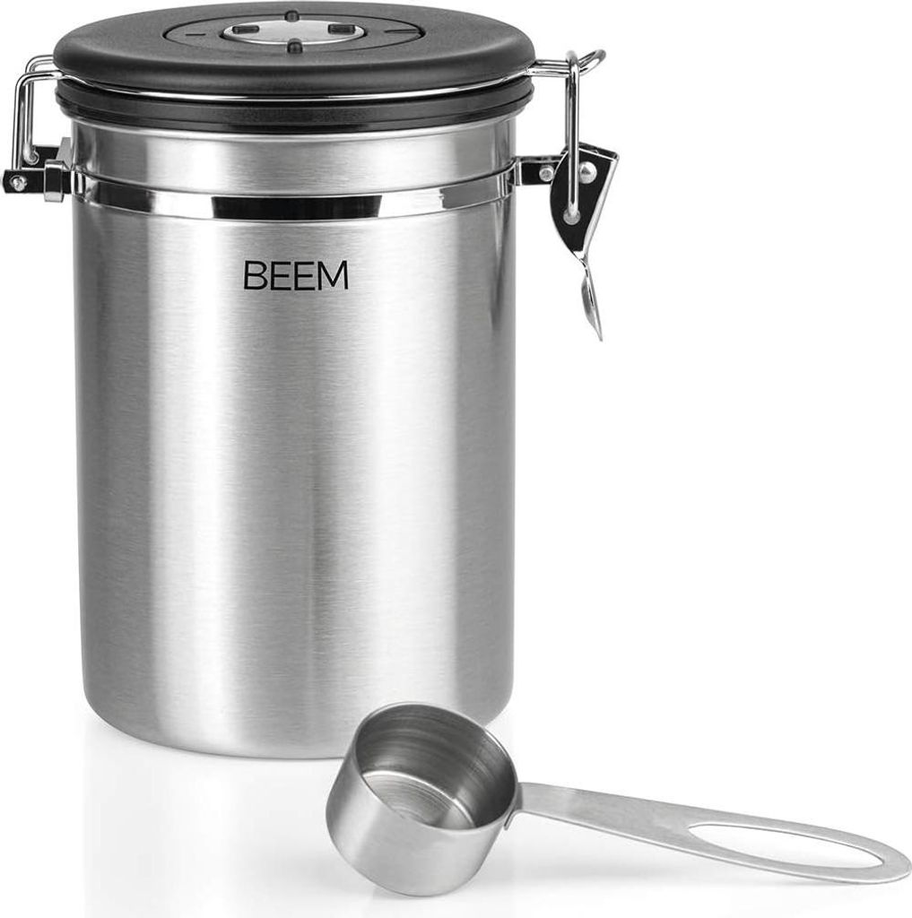 Kaffeebehälter mit Dosierlöffel, luftdicht aus Edelstahl, Datumsanzeige, 700 g Kaffee, Aromadose, CO2-Entlüftungsventil