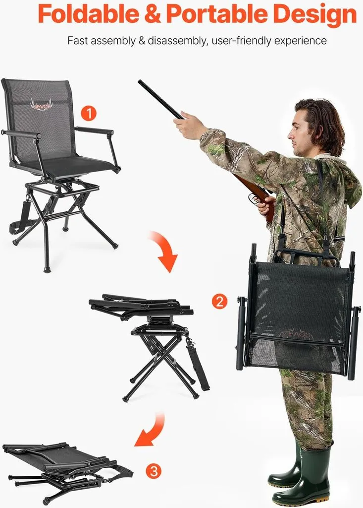 Chaise de chasse silencieuse pivotante 360 avec sangle de transport - 5