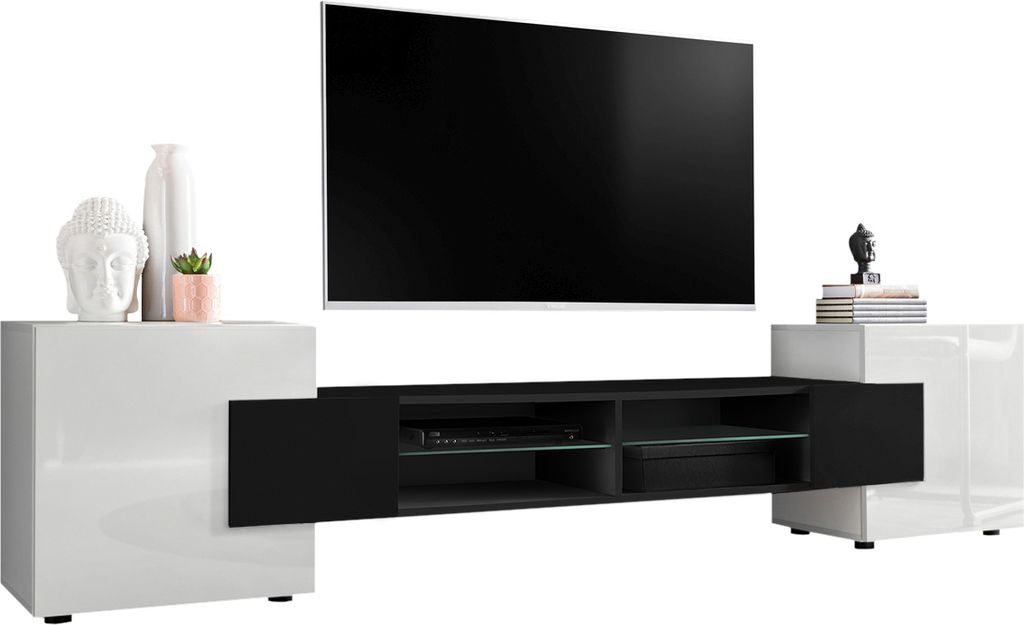 A modern TV stand with a large flat-screen TV mounted above it, set against a white background.