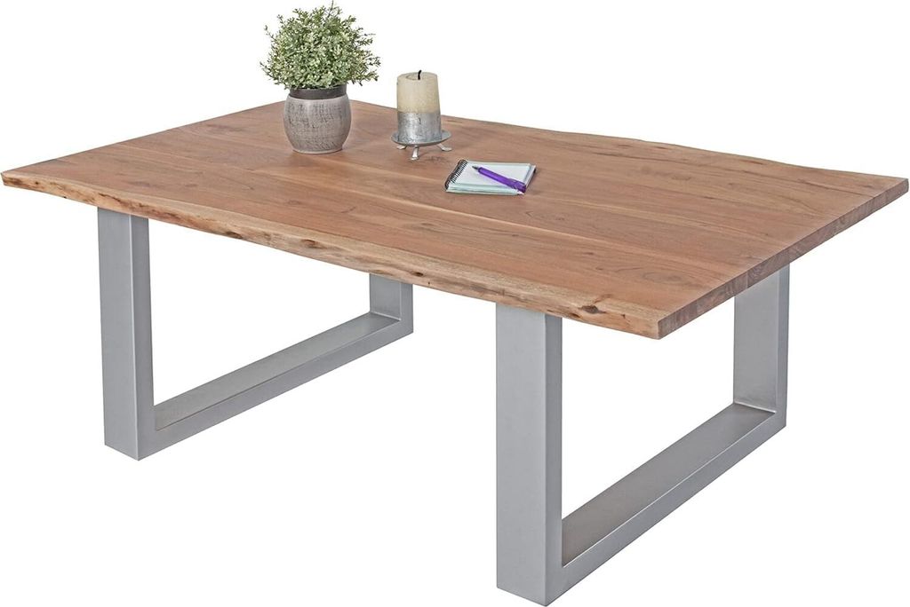 Couchtisch 140 x 75 cm Insa, echte Baumkante, Akazienholz naturfarben, massiver Sofatisch, U-Metallgestell Silber, 26mm Platte