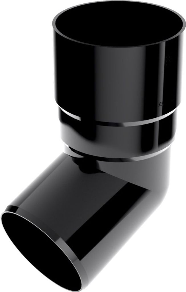 A black plastic downpipe elbow with a 67-degree angle.