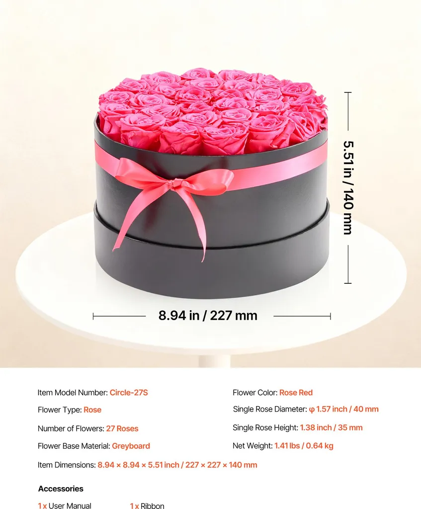 VEVOR 27 pz. Rose eterne in scatola rotonda, bouquet conservato, confezione regalo floreale per la moglie, la mamma, la compagna d'amore, per il matrimonio, la festa della mamma, San Valentino, Natale, Rosa rossa - 7