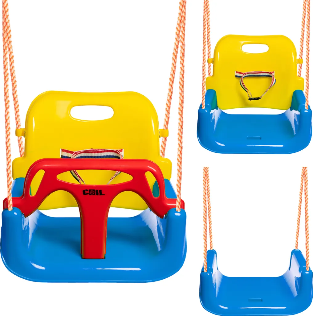 Altalena per bambini COIL, altalena per bambini, seggiolino per bambini 3in1 regolabile e con seggiolino per crescita altalena da giardino con schienale e cintura di sicurezza, blu