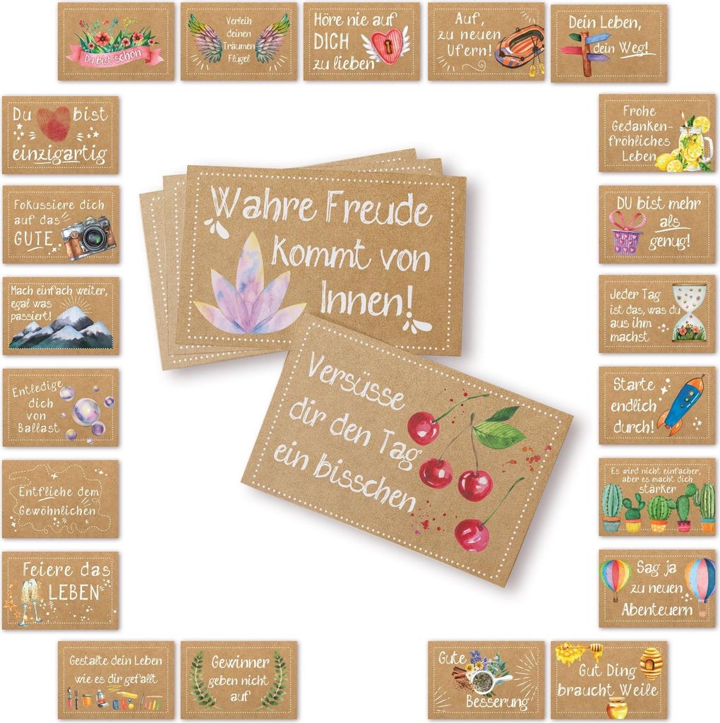 24 kleine Sprüche Karten Motivationskarten braun bunt 8,5 x 5,5 cm