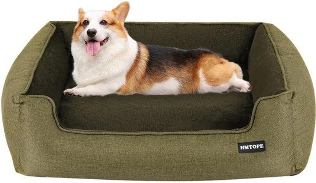 Couchage chien vert olive 90x75 cm lavable avec rebords de soutien doux