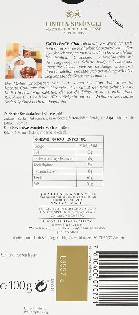 Lindt - EXCELLENCE - Peperoncino - barretta 100g Immagine del prodotto 