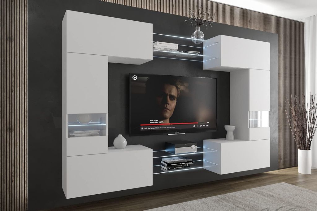 Furnitech Wohnwand Wohnzimmer - Wohnzimmer Möbel mit LED RGB - 16 Farben - Hängend Wohnwand Modern - Regale und TV Schrank (C29N-21W-M3-1B)