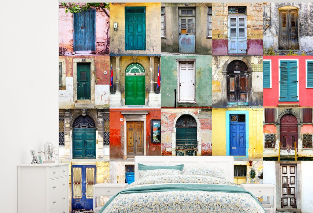 MuchoWow Fototapete für Wohnzimmer oder Schlafzimmer Wandtapete Vinyl Motivtapete Türen - Regenbogen - Architektur - Collage - 275x220 cm - Gem...