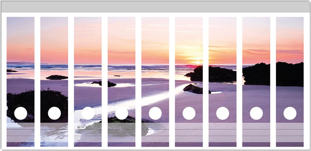 Wallario Ordnerrücken Sticker, selbstklebend für breite Ordner, 9 Stück, Motiv Sonnenuntergang am einsamen Strand