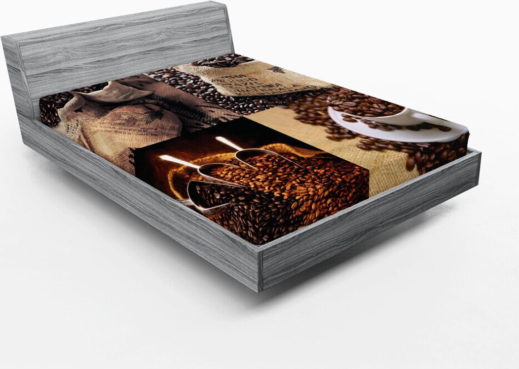 ABAKUHAUS Kaffee Spannbetttuch, Rustikale Collage von Bildern, die verschiedene Arten von gerösteten Körnern zeigen, 140 x 200 cm, Dunkel Sand Br...