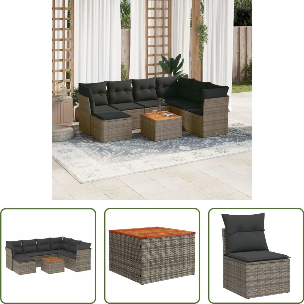 The Living Store 8-tlg. Garten-Sofagarnitur mit Kissen Grau Poly Rattan