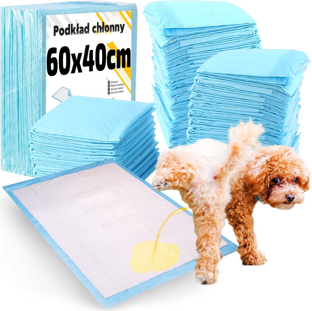 A product shot of disposable pet training pads, with a stack of pads in the background and one pad in the foreground with a dog urinating on it.
