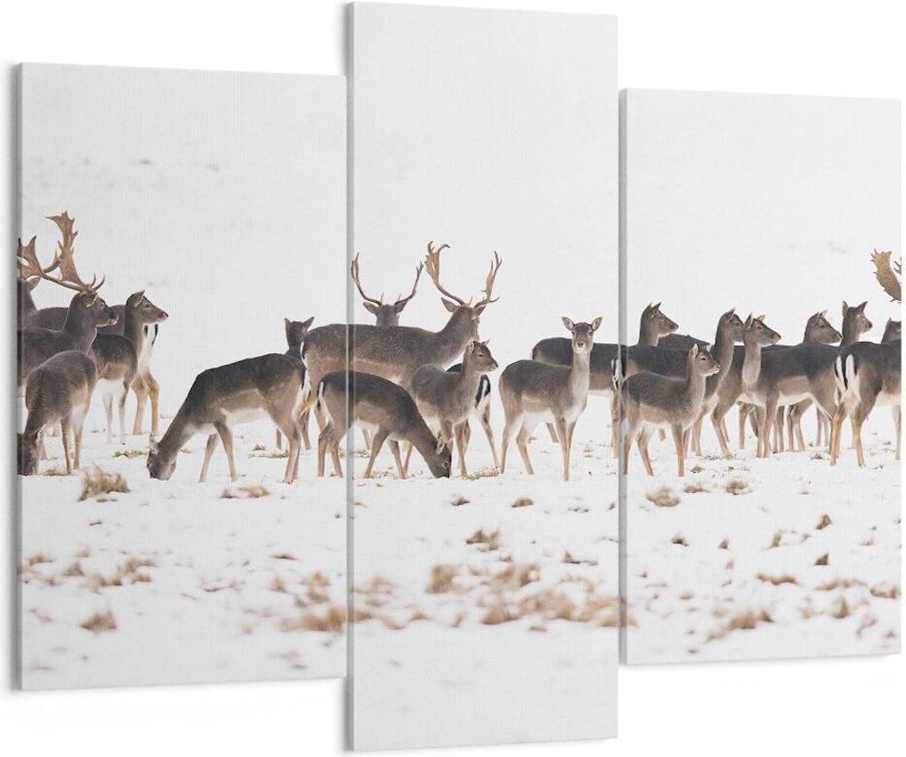 Bild auf Leinwand - Leinwandbild - Hirsch Winter Tierwelt Landschaft - 130x100cm - Wand Bild - Wanddeko - Leinwanddruck - Bilder - Kunstdruck - Lei...